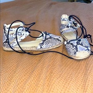 Snakeskin ankle tie espadrilles